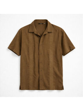 Café Luna Brown Geometric Embroidered Short Sleeve Button-Up Shirt Men's L Retro